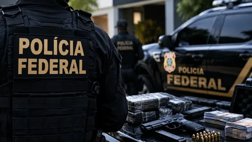 Agentes da Polícia Federal durante operação com apreensão de drogas, arma de fogo e dinheiro.