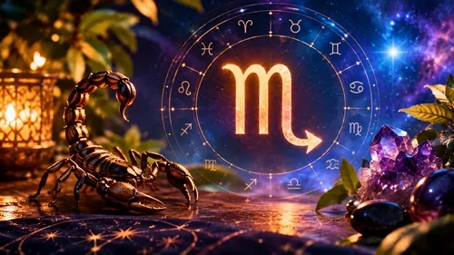 Símbolo do signo de Escorpião em uma composição astrológica com escorpião, constelações e cristais.