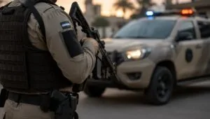 Policial militar próximo a viatura durante operação de segurança pública