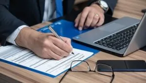 Advogado utilizando notebook para estudar e acompanhar informações jurídicas