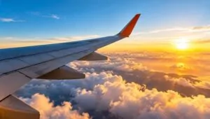 Asa de avião durante voo entre nuvens para ilustrar promoção de passagens aéreas